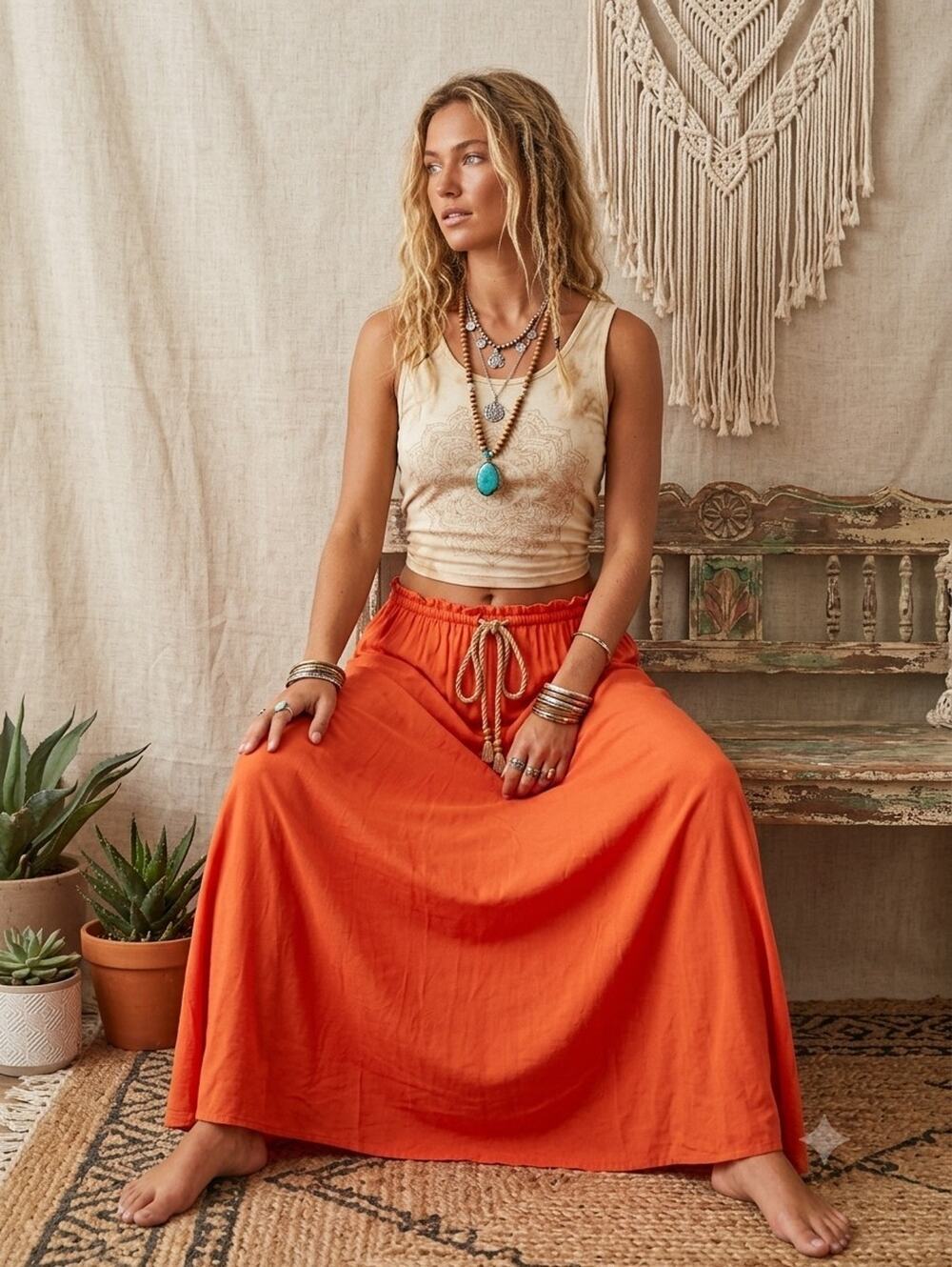 Sofia by Sofia Vergara Tangerine Orange Maxi Skirt Size S 100% Rayon Boho